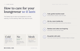 Care guide infographic for bamboo, cotton and satin loungewear: cold gentle wash, air dry, no bleach or tumble dryer