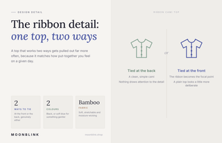 Infographic showing the bamboo Ribbon Cami Top worn two ways, with the ribbon tied at the back or the front